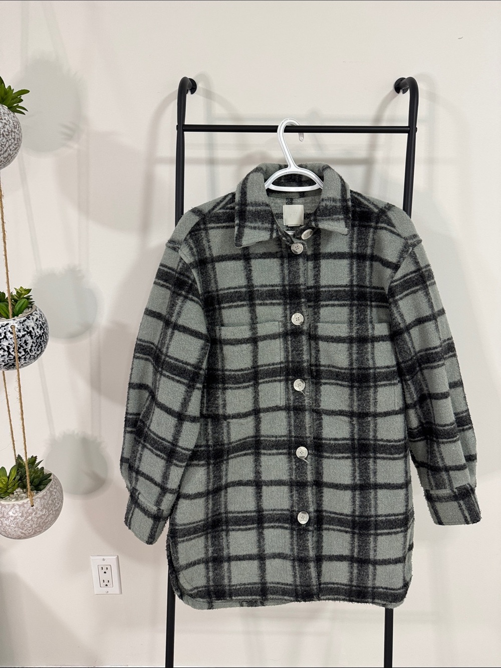 Plaid Button-Up Shacket Jacket - Green/Black